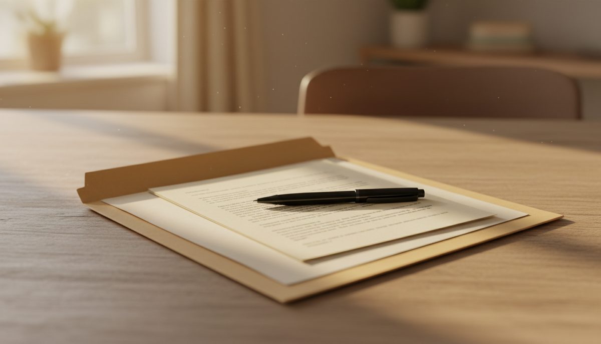 An open folder of neatly squared paper documents with a pen laid across them on a wooden table