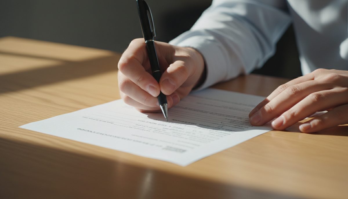 A pair of hands filling in a paper form with a pen at a light wooden counter