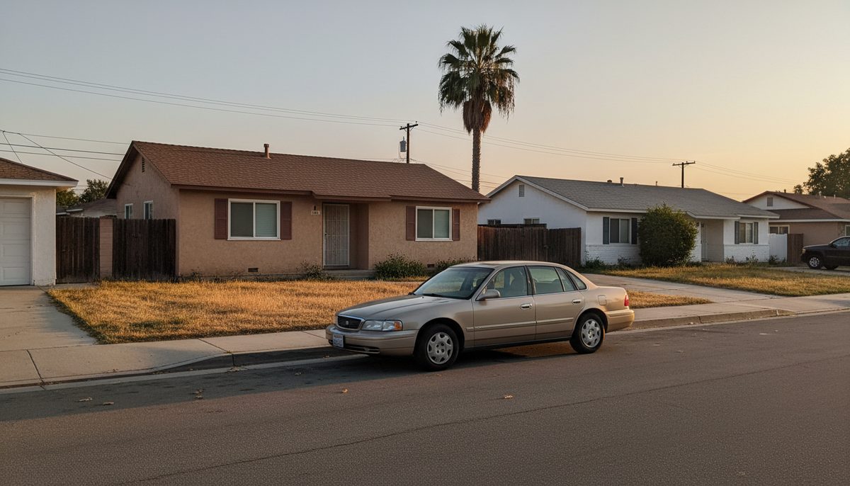 An ordinary family sedan parked at the curb of an everyday California residential street in warm late-afternoon light