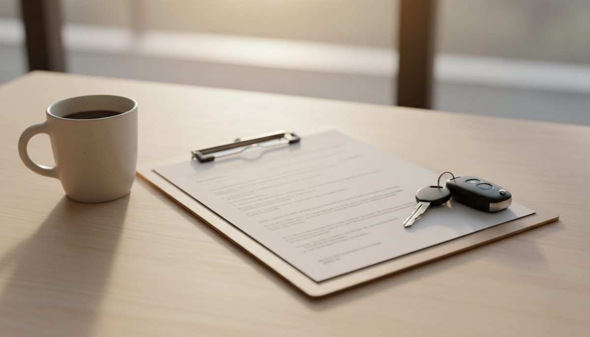 A wooden clipboard holding papers beside a set of car keys and a ceramic mug on a plain desk