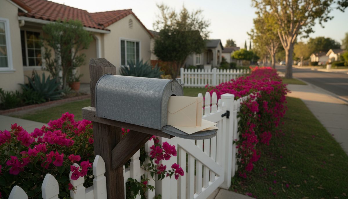 A plain metal mailbox beside the front gate of a California home in warm morning light