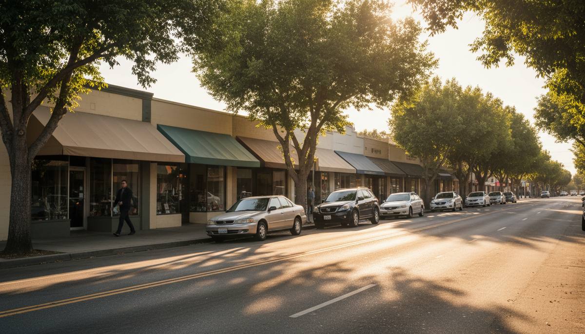 An ordinary California neighborhood main street in warm late-afternoon light, cars parked at the curb