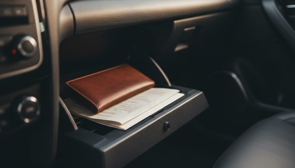 An open glove compartment holding a slim document wallet and a couple of folded papers