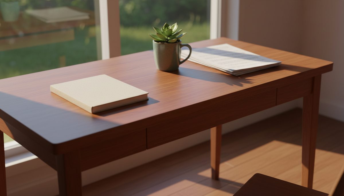 A tidy wooden desk beside a window with a closed notebook, a mug, a plant and a stack of papers