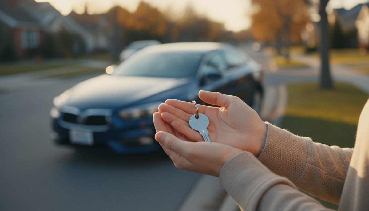 A pair of hands holding a single car key in front of a parked sedan in warm golden light